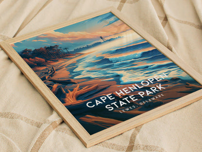 Cape Henlopen State Park, Lewes, Delaware Poster | Dunes & Lighthouse Coastal Beach Decor — styled in a modern interior