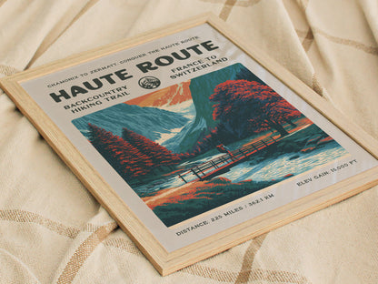 Haute Route, France to Switzerland Poster | Hiker Gift | Alpine Backcountry Trail Wall Art — styled in a modern interior