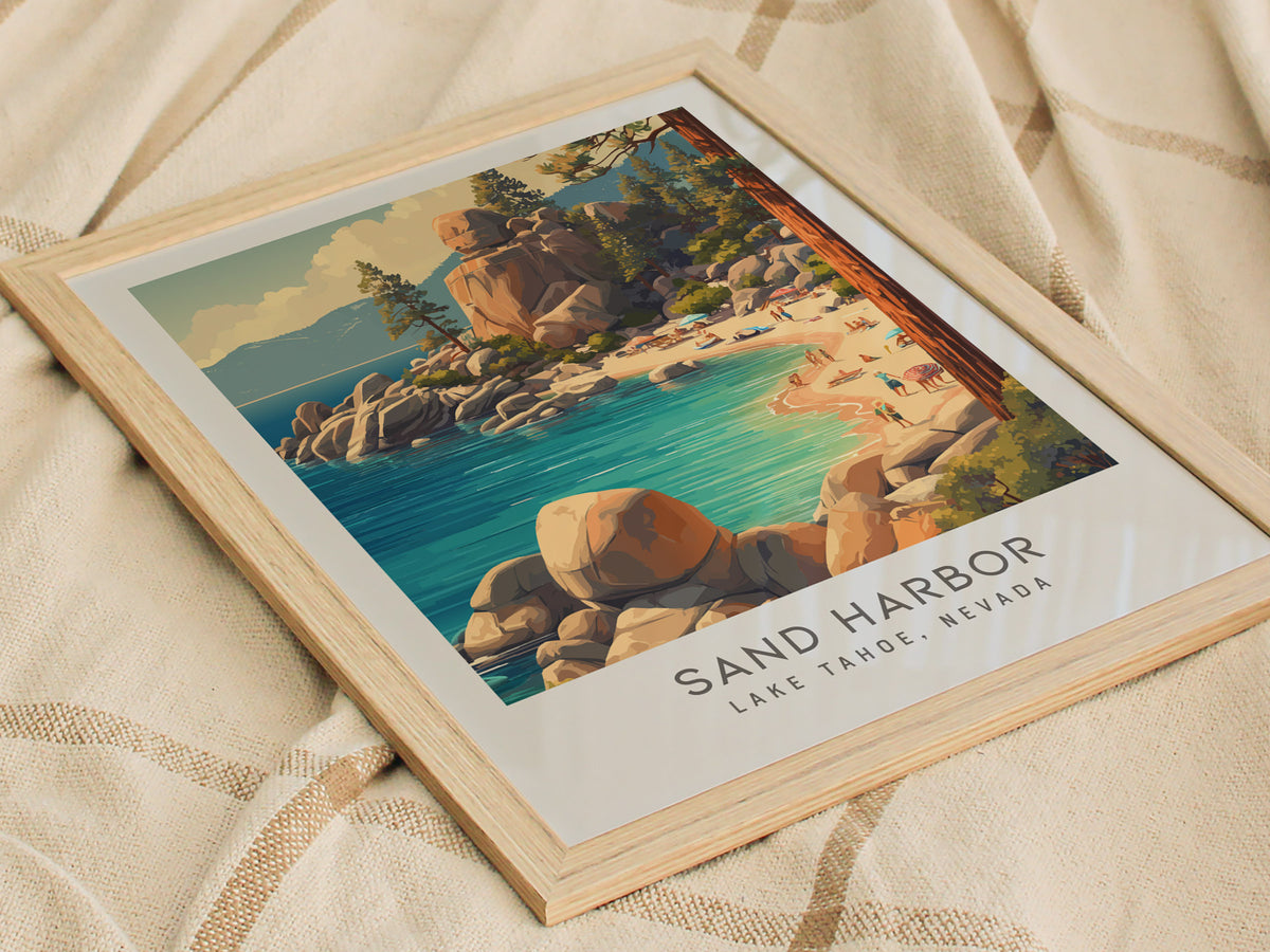 Sand Harbor Matte Border Poster | Lake Tahoe, Nevada Coastal Beach Decor — styled in a modern interior
