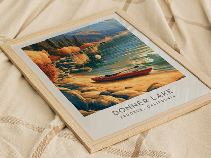 Donner Lake Matte Border Poster | Truckee, California Destination Print — styled in a modern interior