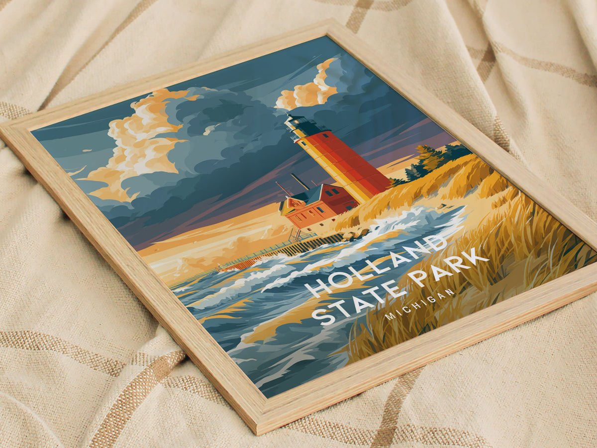 Holland State Park, Michigan Poster | Big Red Lighthouse Coastal Beach Decor Wall Art — styled in a modern interior