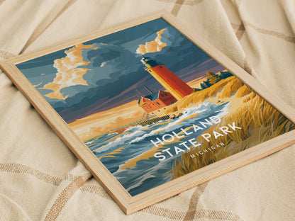 Holland State Park, Michigan Poster | Big Red Lighthouse Coastal Beach Decor Wall Art — styled in a modern interior