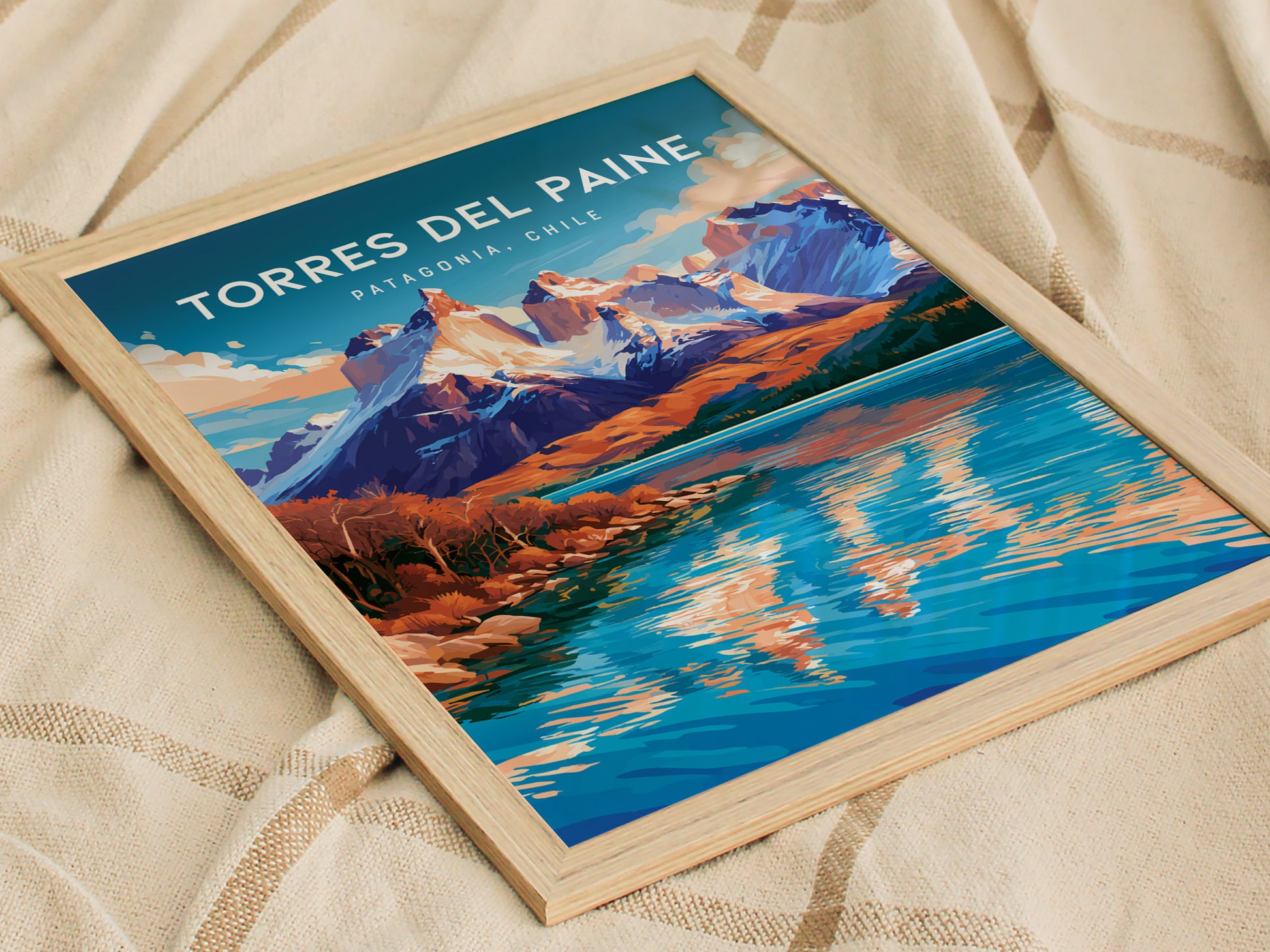 Torres del Paine, Patagonia Poster | Granite Peaks & Glacial Lake Wall Art — styled in a modern interior