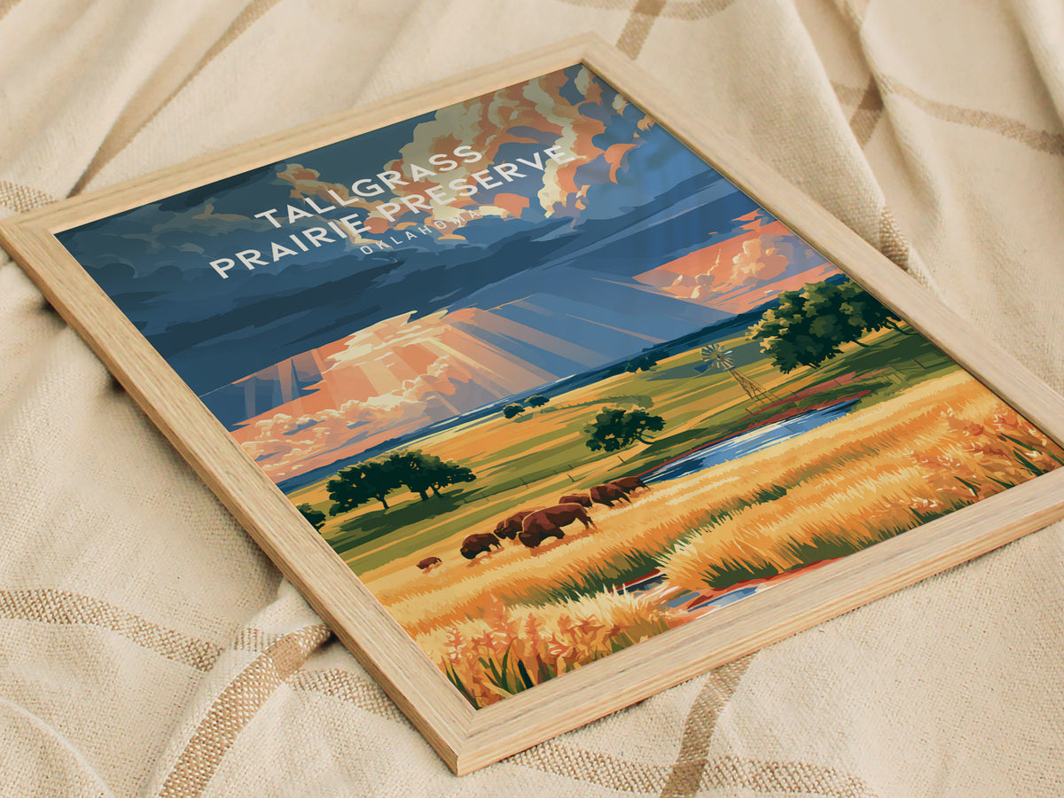 Tallgrass Prairie Preserve, Oklahoma Poster | Golden Plains & Bison Framed or Unframed Wall Art — styled in a modern interior