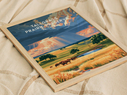 Tallgrass Prairie Preserve, Oklahoma Poster | Golden Plains & Bison Framed or Unframed Wall Art — styled in a modern interior