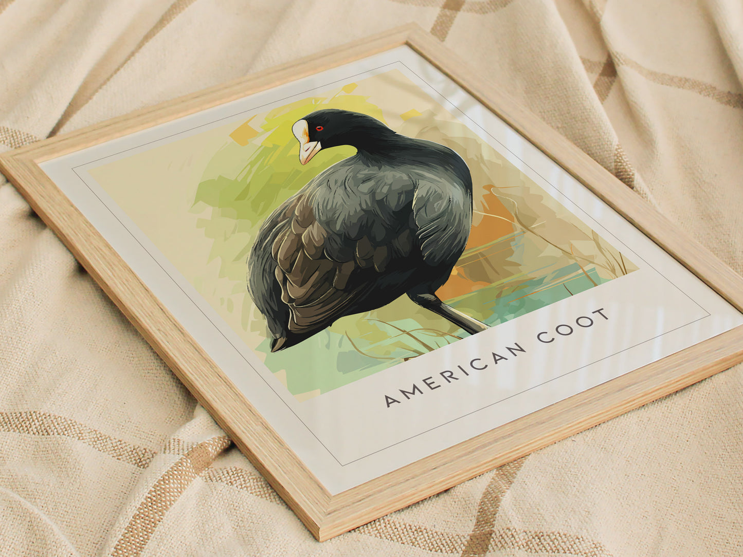 American Coot Poster | Waterbird on a Quiet Marsh Wall Art — styled in a modern interior