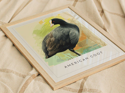 American Coot Poster | Waterbird on a Quiet Marsh Wall Art — styled in a modern interior