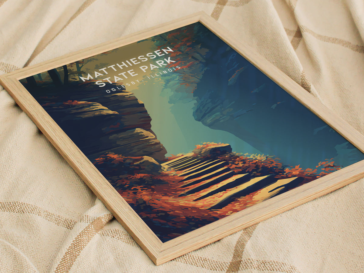 Matthiessen State Park, Oglesby, Illinois Poster | Canyon Waterfalls & Lush Gorge Wall Art — styled in a modern interior