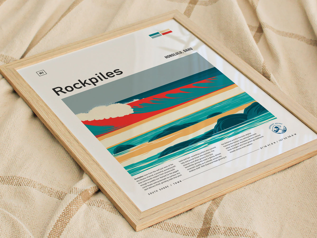 Rockpiles, Hawaii Poster | Golden Hour North Shore Surf Wall Art — styled in a modern interior