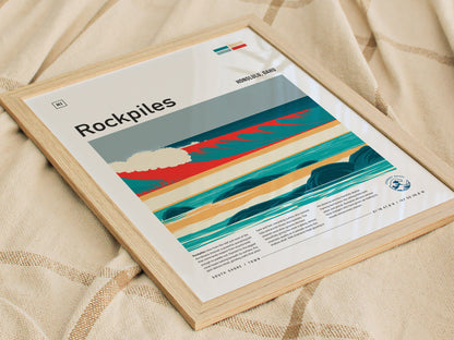 Rockpiles, Hawaii Poster | Golden Hour North Shore Surf Wall Art — styled in a modern interior