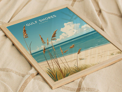 Framed poster depicting Gulf Shores, Alabama, showcasing a serene beach scene with golden sand, turquoise ocean, and wispy clouds, placed on a textured fabric background.