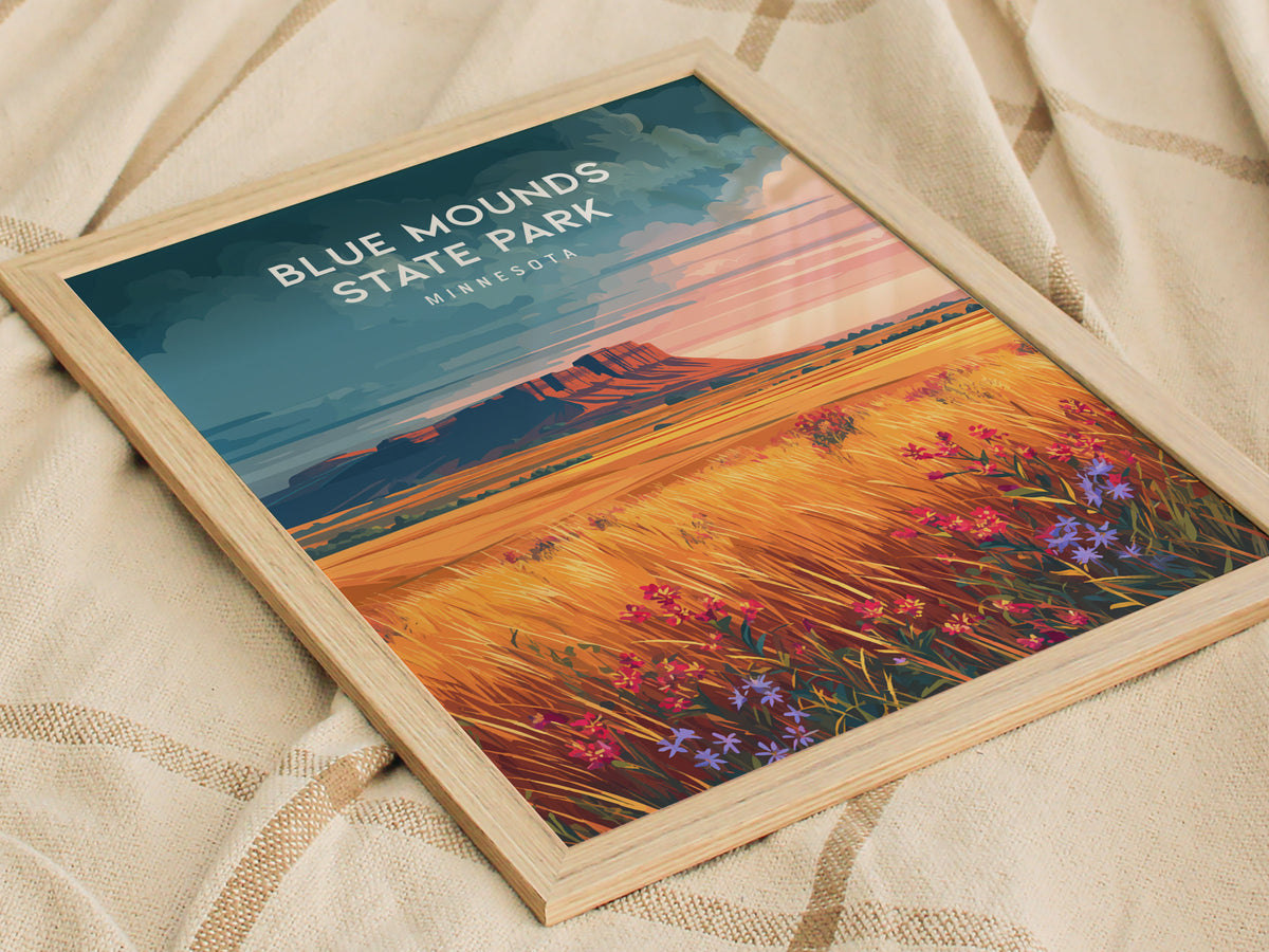 Blue Mounds State Park, Minnesota Poster | Prairie Bluffs & Bison Travel Wall Art — styled in a modern interior