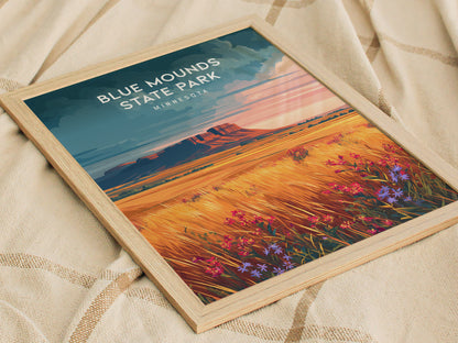 Blue Mounds State Park, Minnesota Poster | Prairie Bluffs & Bison Travel Wall Art — styled in a modern interior