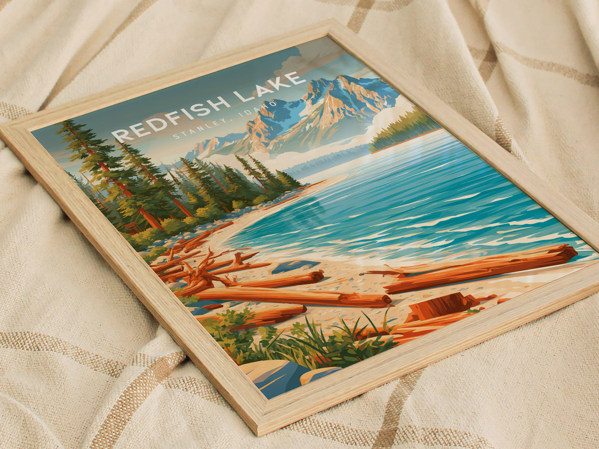 Redfish Lake, Stanley, Idaho Poster | Mountain Lake Destination Print Wall Art — styled in a modern interior