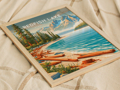 Redfish Lake, Stanley, Idaho Poster | Mountain Lake Destination Print Wall Art — styled in a modern interior