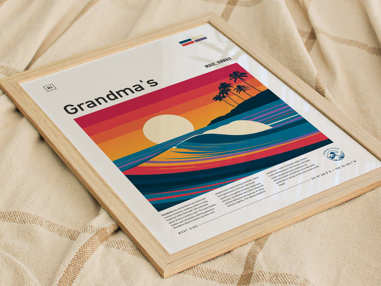 Grandma's, Maui, Hawaii Poster | Tropical Surf Wall Art — styled in a modern interior
