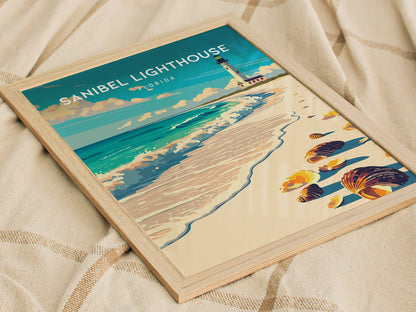 Sanibel Lighthouse, Florida Poster | Gulf Coast Beacon Coastal Decor Wall Art — styled in a modern interior