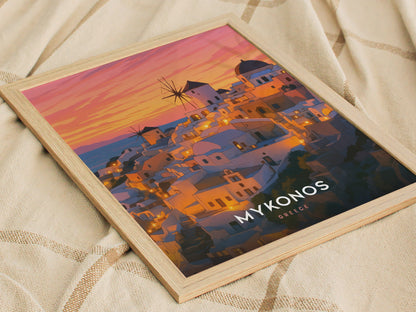 Mykonos Travel Poster | Greek Island Sunset Wall Art Print