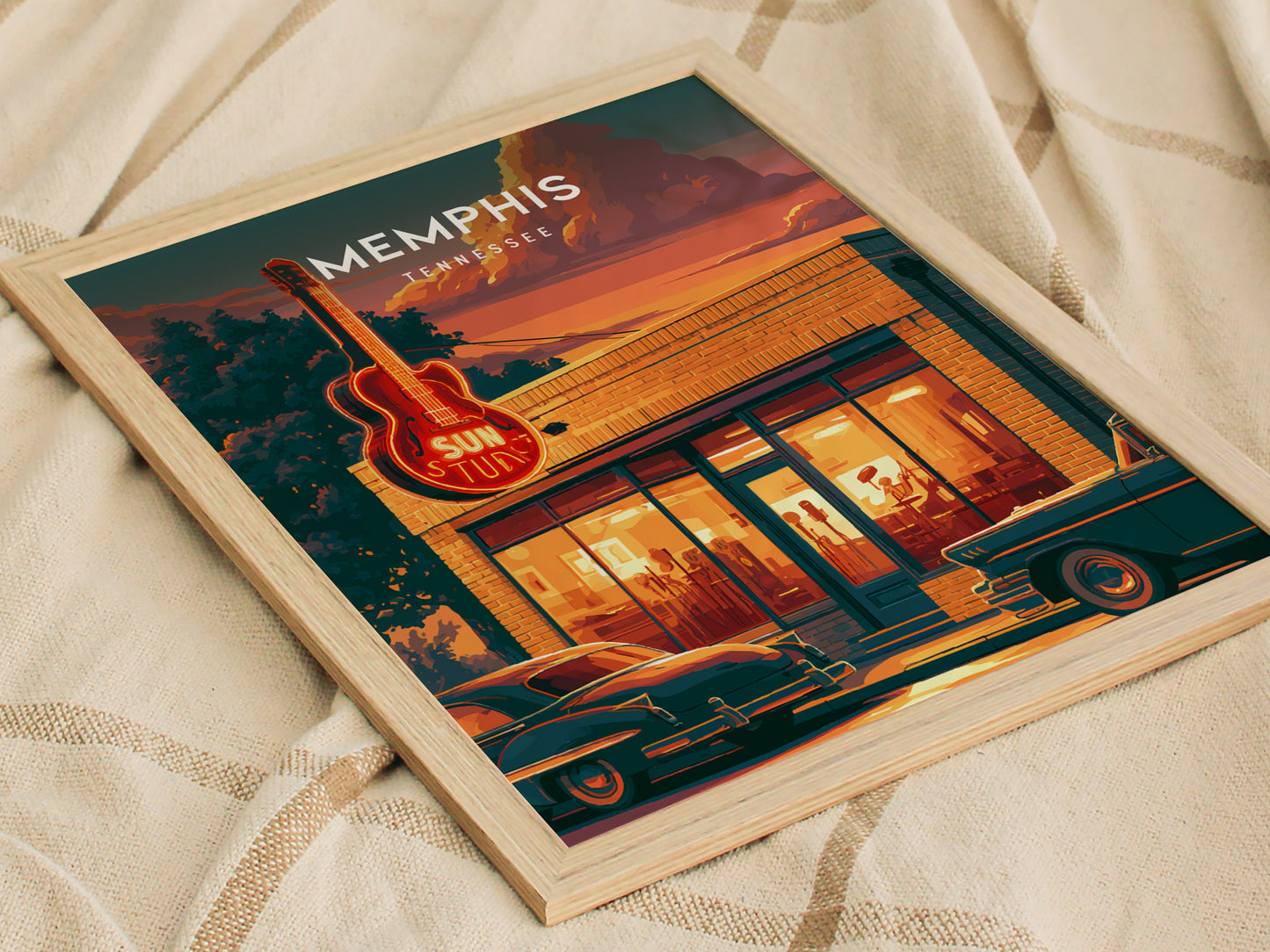Memphis, Tennessee Poster | Blues & Beale Street Sunset Wall Art — styled in a modern interior