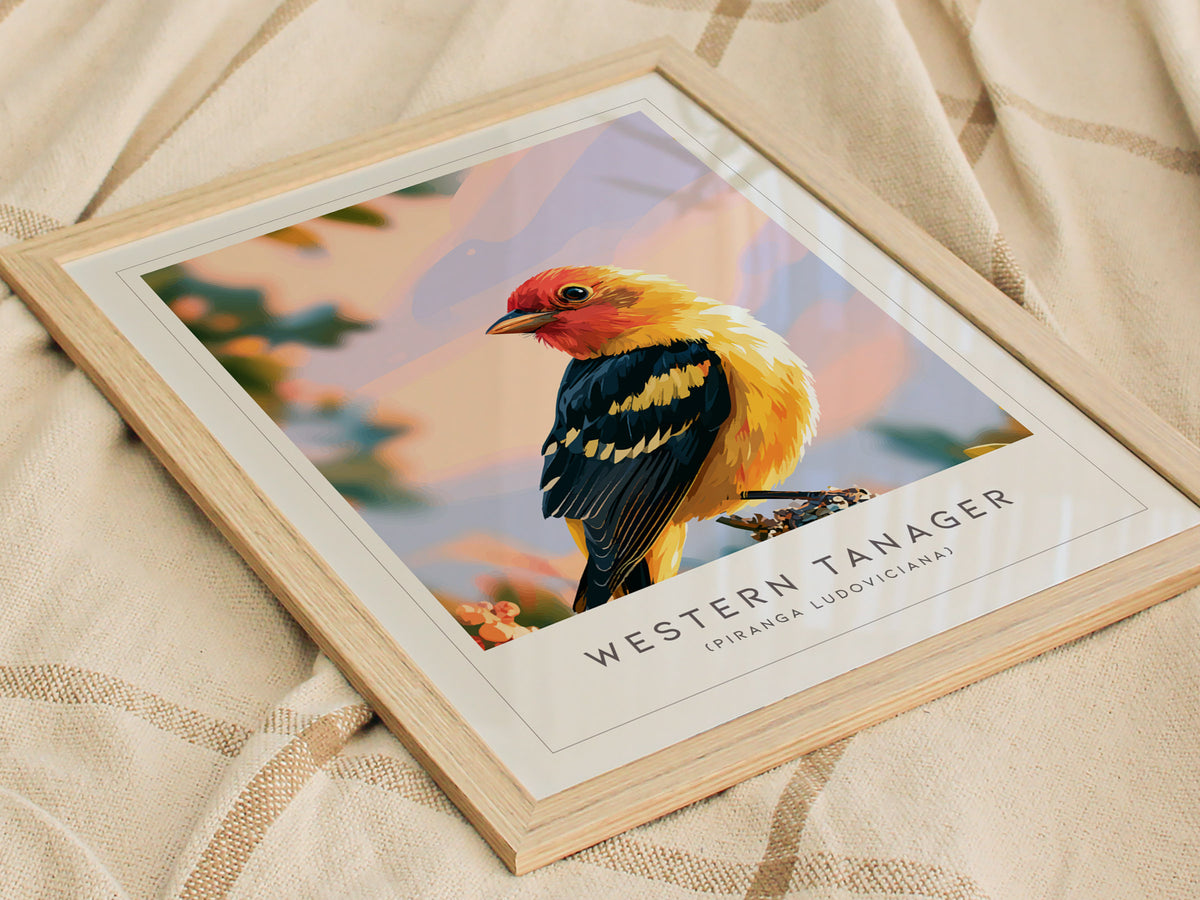 Western Tanager, Piranga ludoviciana Poster | Vibrant Songbird Nature Wall Art — styled in a modern interior