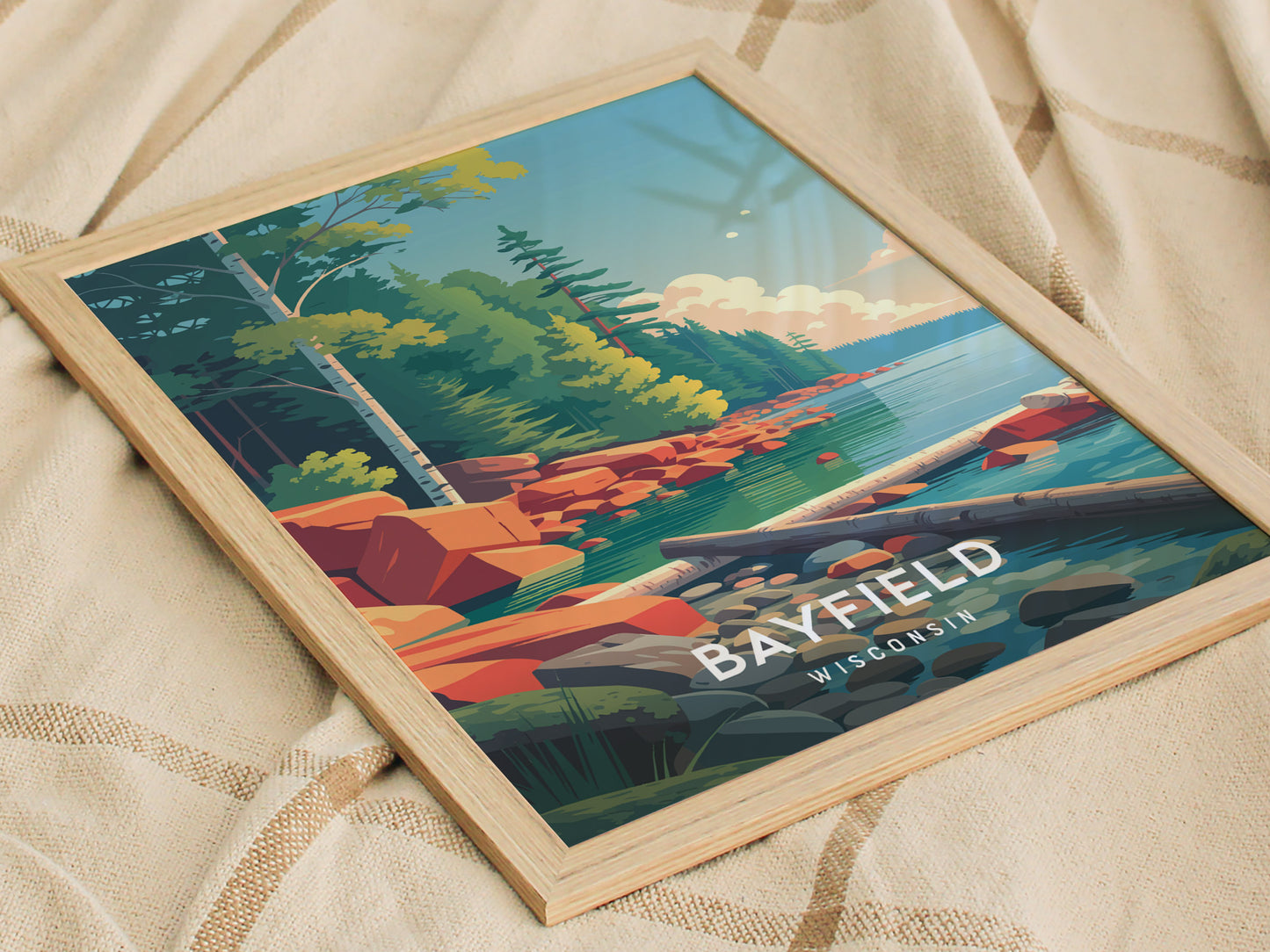 Bayfield, Wisconsin Poster | Lakeside Harbor & Sailboat Travel Wall Art — styled in a modern interior