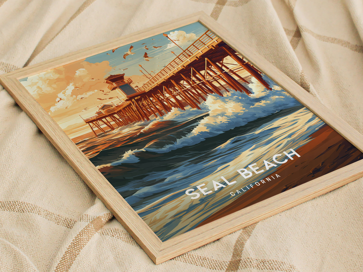 Seal Beach, California Poster | Sun-Kissed Pier & Coastal Charm Wall Art — styled in a modern interior