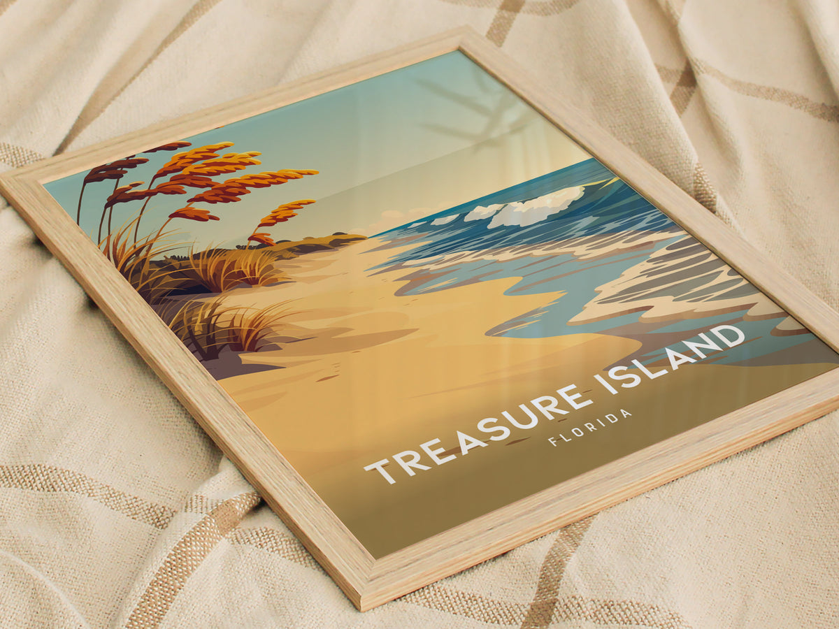 Treasure Island, Florida Poster | Sunset Beach & Lifeguard Tower Wall Art — styled in a modern interior