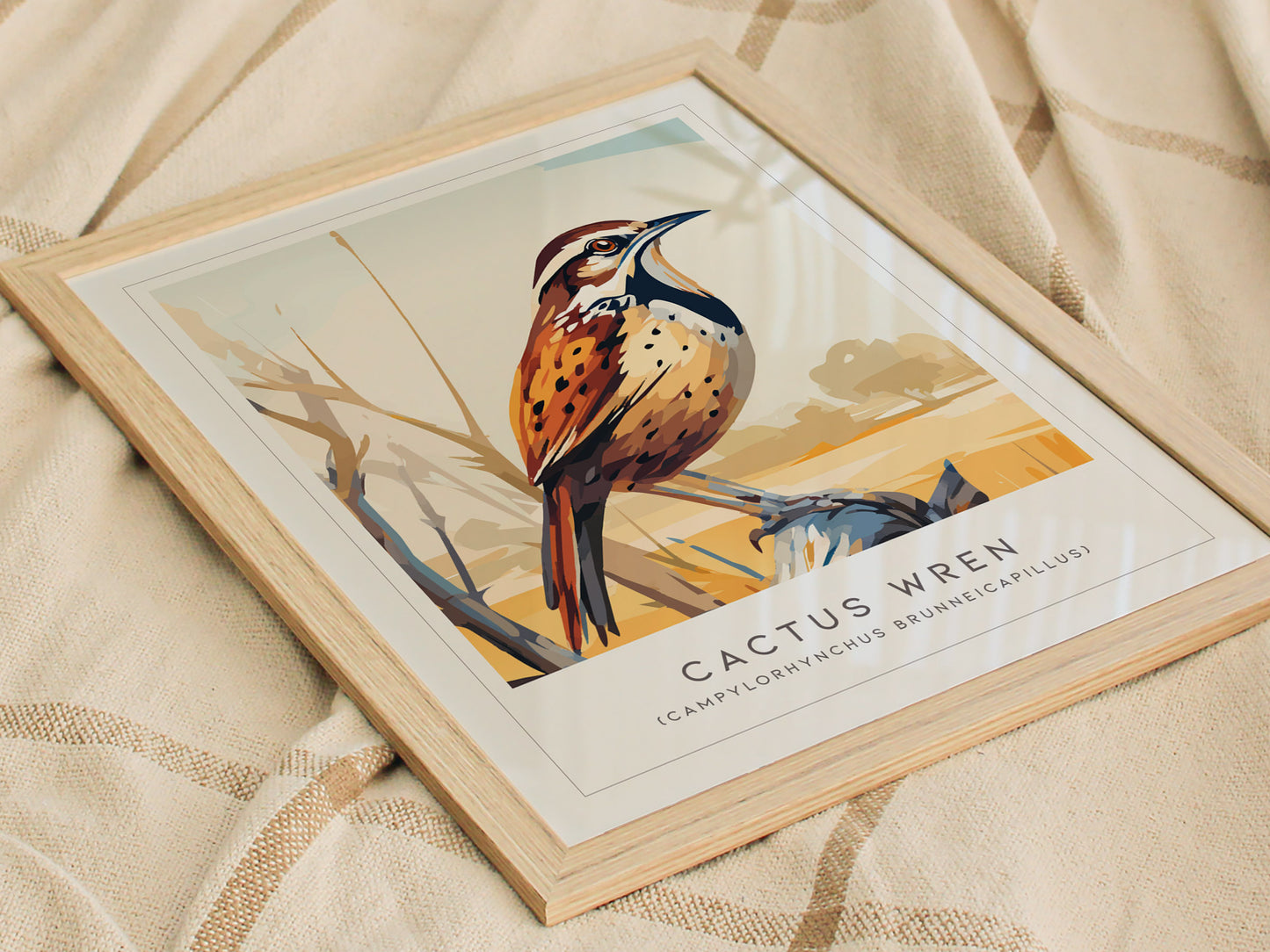 Cactus Wren Poster | Desert Songbird & Blooming Cactus Wall Art — styled in a modern interior