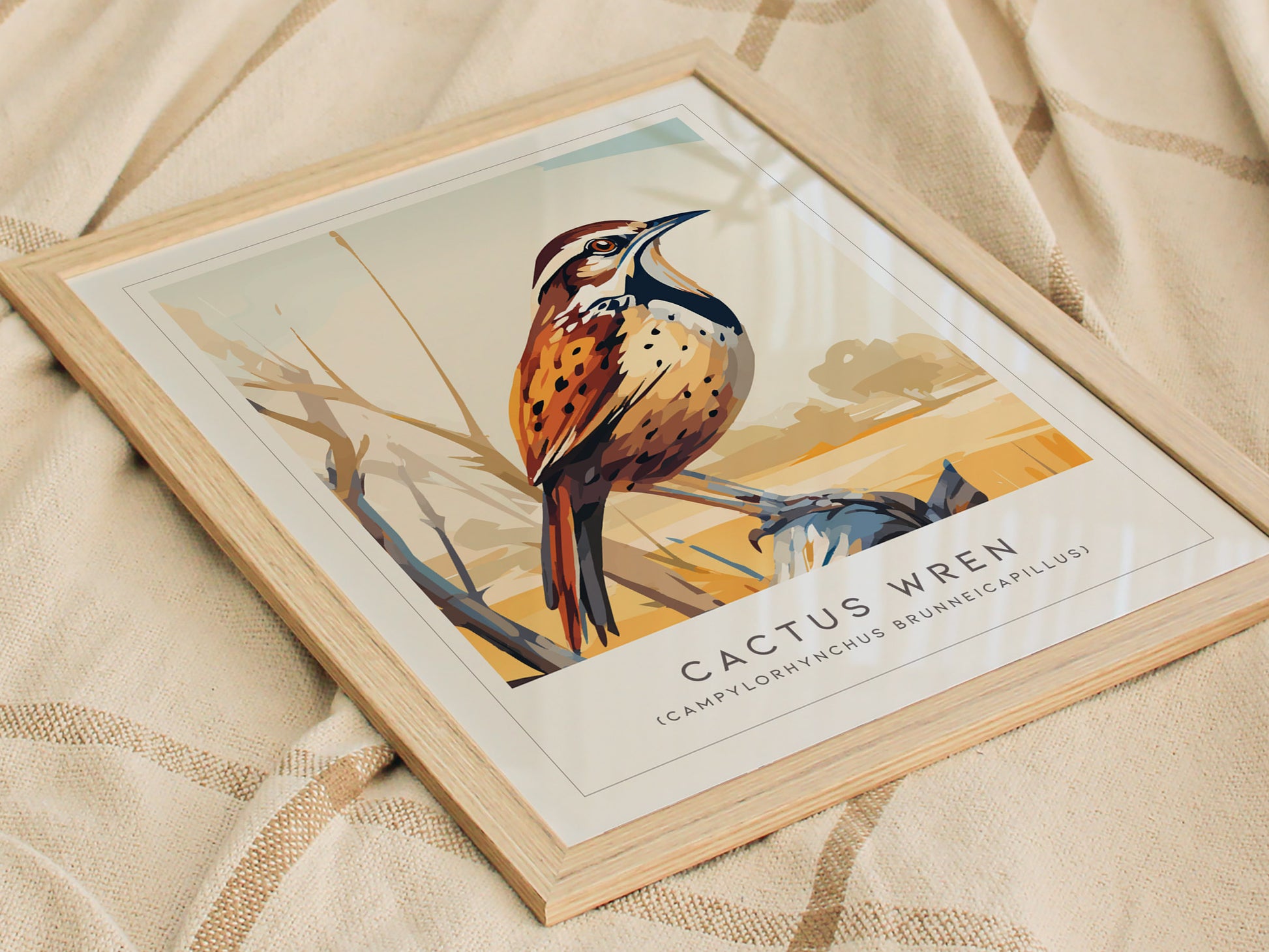 Cactus Wren Poster | Desert Songbird & Blooming Cactus Wall Art — styled in a modern interior