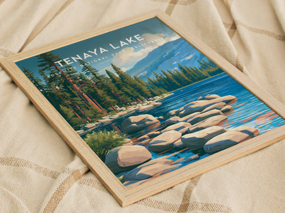 Tenaya Lake, Yosemite National Park, California Poster | Mountain Lake Vacation Wall Art — styled in a modern interior