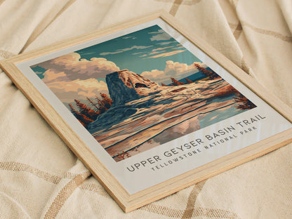 Upper Geyser Basin Trail Matte Border Poster | Yellowstone National Park Destination Print — styled in a modern interior