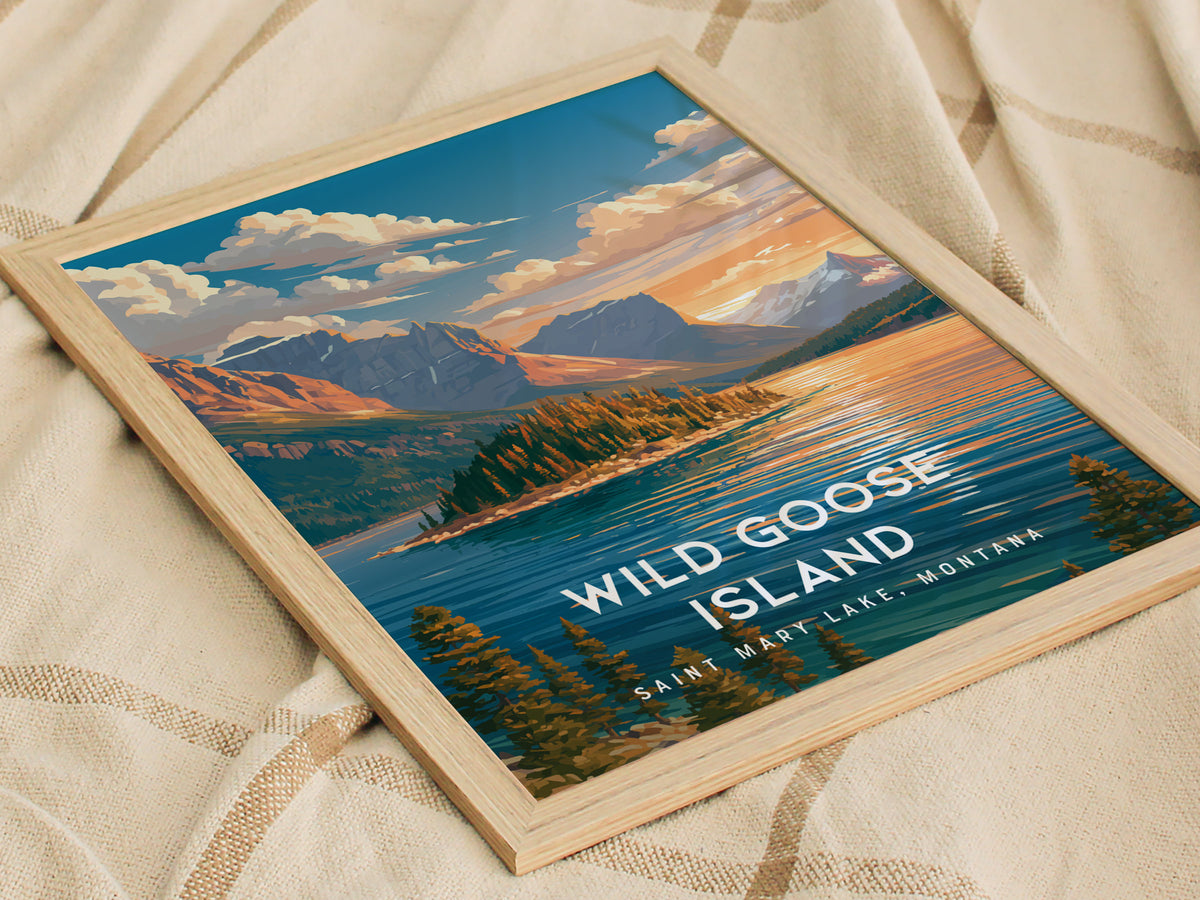 Wild Goose Island, Saint Mary Lake, Montana Poster | Mountain Lake Destination Print Wall Art — styled in a modern interior