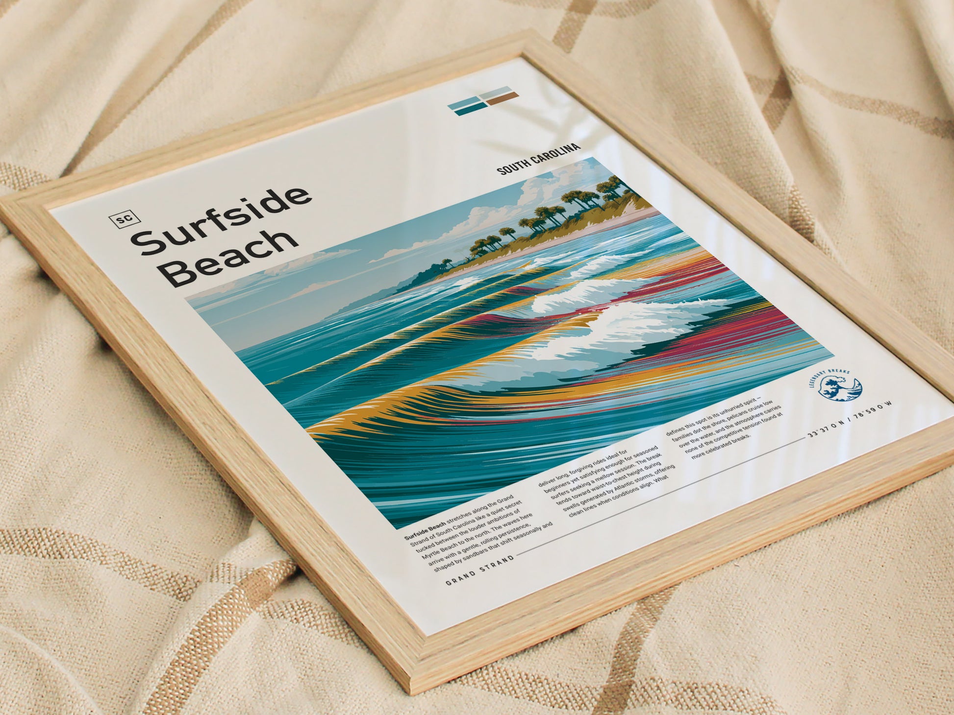 Surfside Beach, South Carolina Poster | Coastal Surf Town Wave Print Wall Art — styled in a modern interior