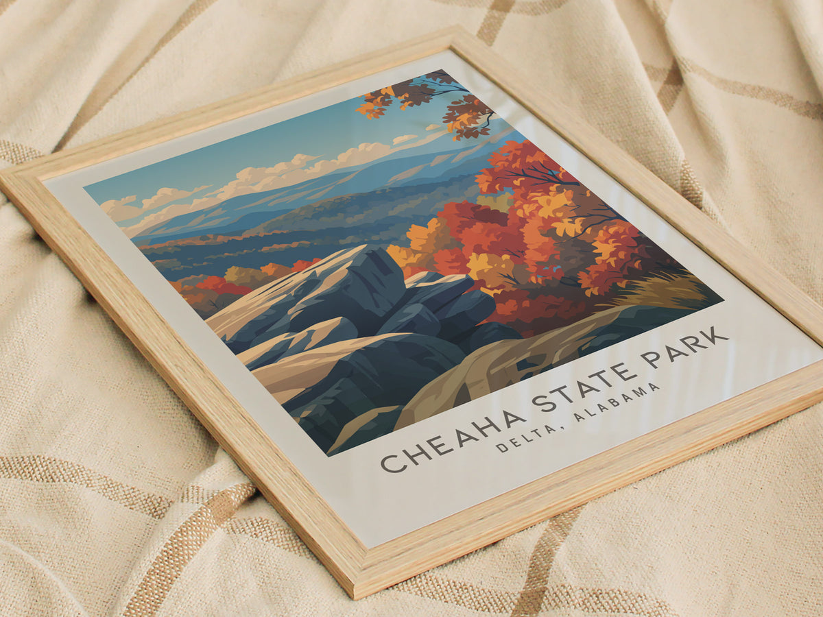 Cheaha State Park Matte Border Poster | Delta, Alabama Destination Print Travel Wall Art — styled in a modern interior