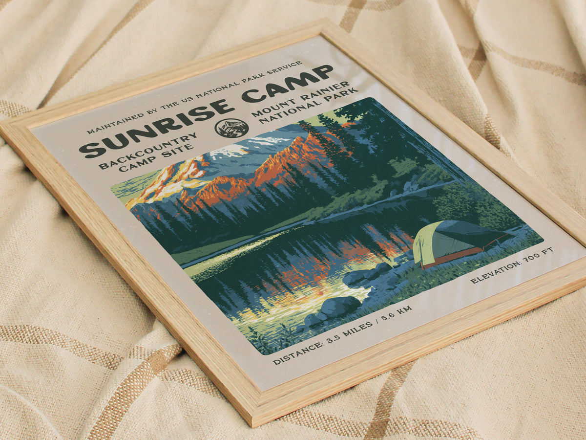 Sunrise Camp, Mount Rainier National Park Poster | Hiker Gift | Backcountry Trail Wall Art — styled in a modern interior