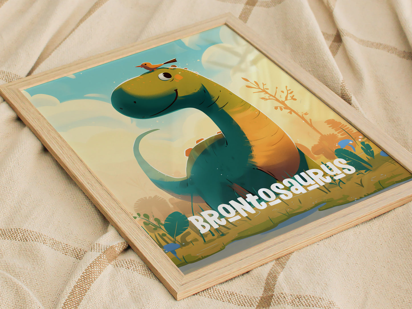 Brontosaurus Cute Dinosaur Poster | Kids Room Nursery Wall Art | Framed or Unframed