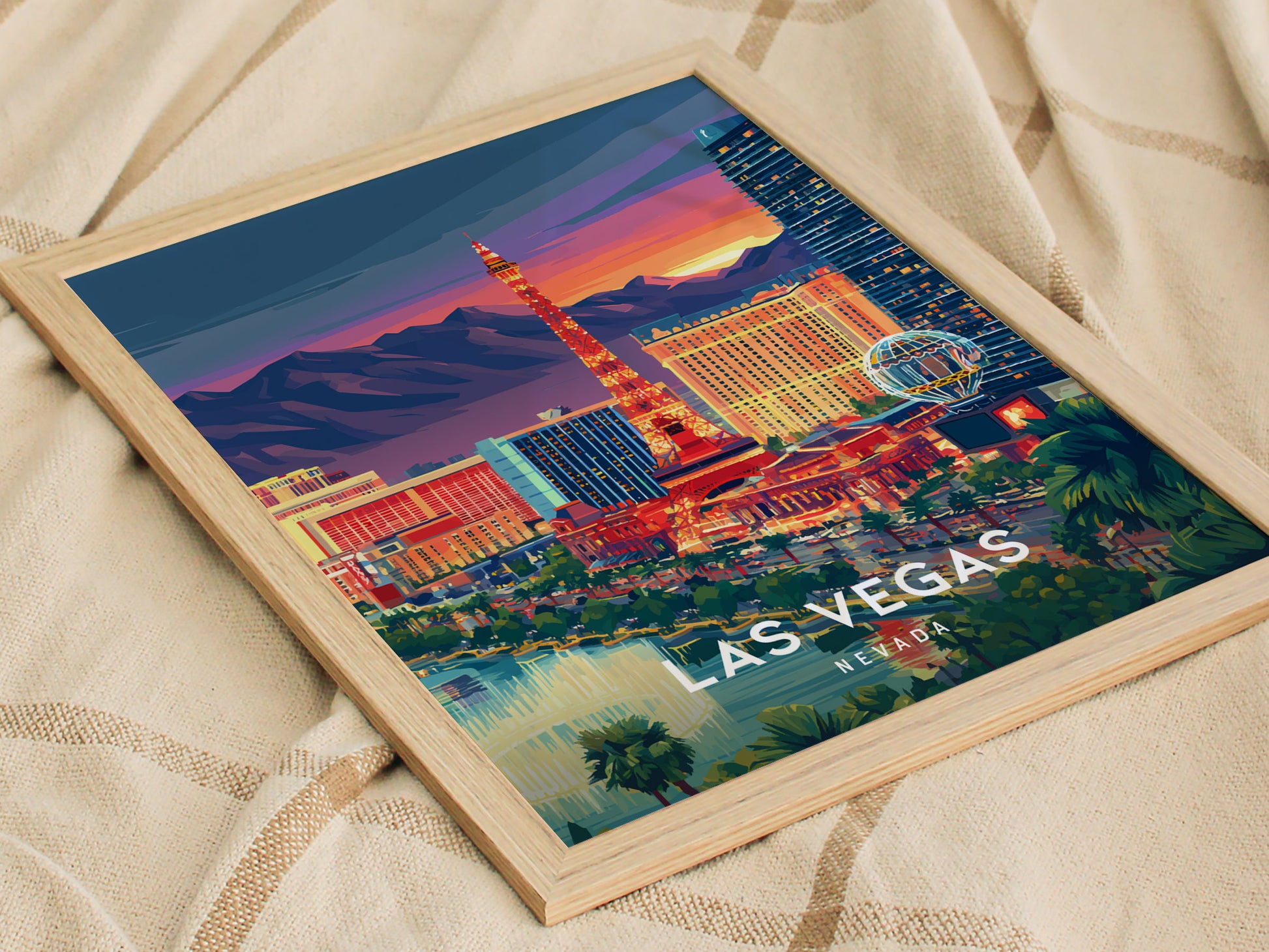 Las Vegas, Nevada Poster | Neon Lights & Desert Skyline Wall Art — styled in a modern interior