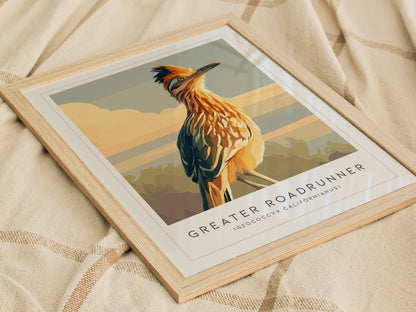 Greater Roadrunner Poster | Desert Bird & Cactus Southwest Wall Art — styled in a modern interior