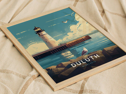 Framed illustration of Duluth Harbor North Pier Lighthouse with a seagull on rocks, set against a blue sky, lying on a textured beige fabric. The word Duluth is visible.