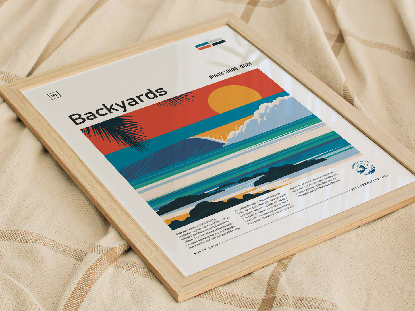 Backyards, Hawaii Poster | Tropical Surf Break Paradise Wall Art — styled in a modern interior