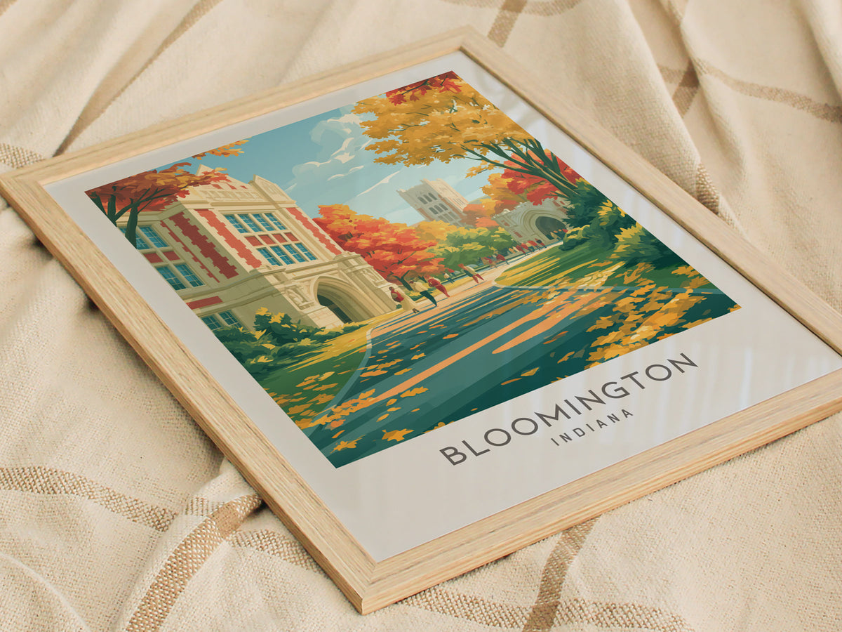 Bloomington Matte Border Poster | Indiana Destination Print Travel Wall Art — styled in a modern interior