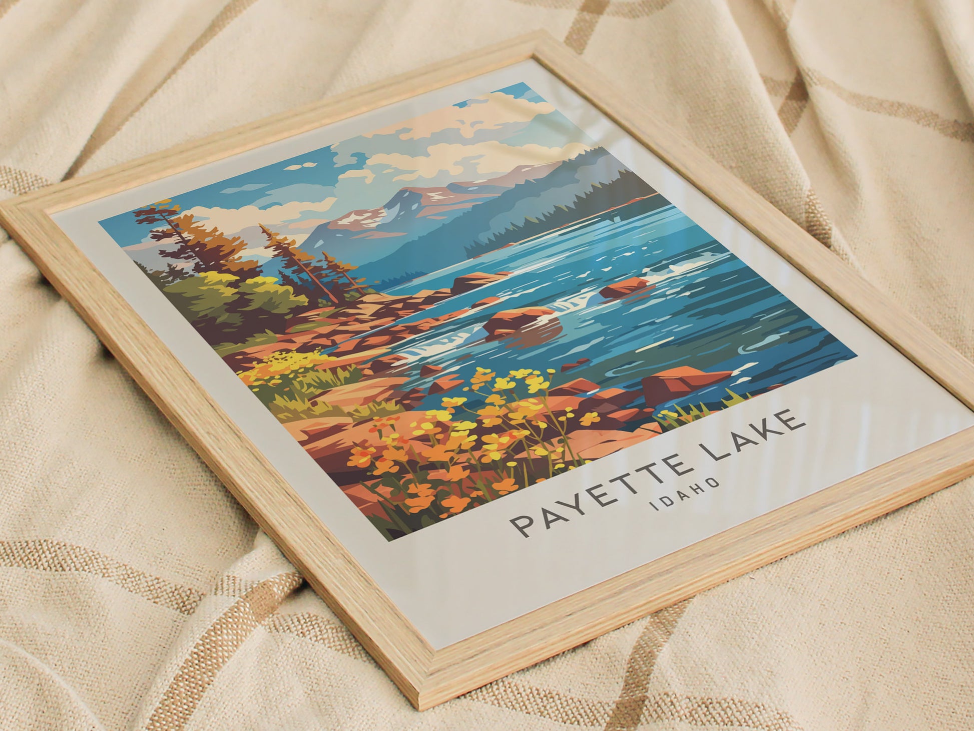 Payette Lake Matte Border Poster | Idaho Travel Wall Art — styled in a modern interior