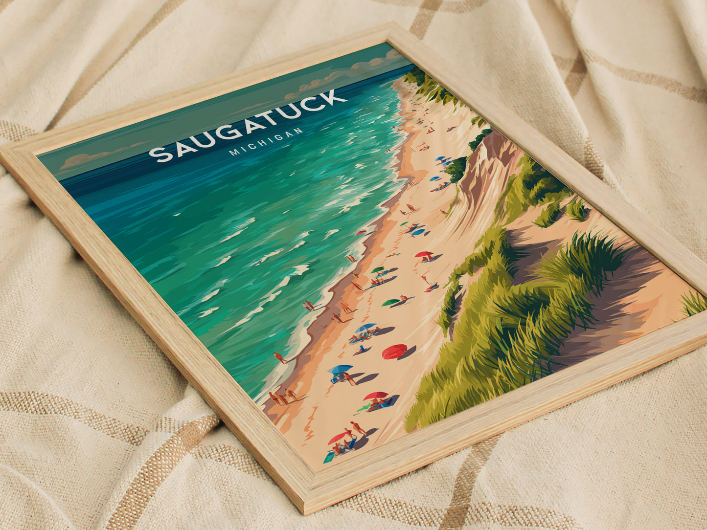 Saugatuck, Michigan Poster | Lakeside Dunes & Harbor Village Wall Art — styled in a modern interior