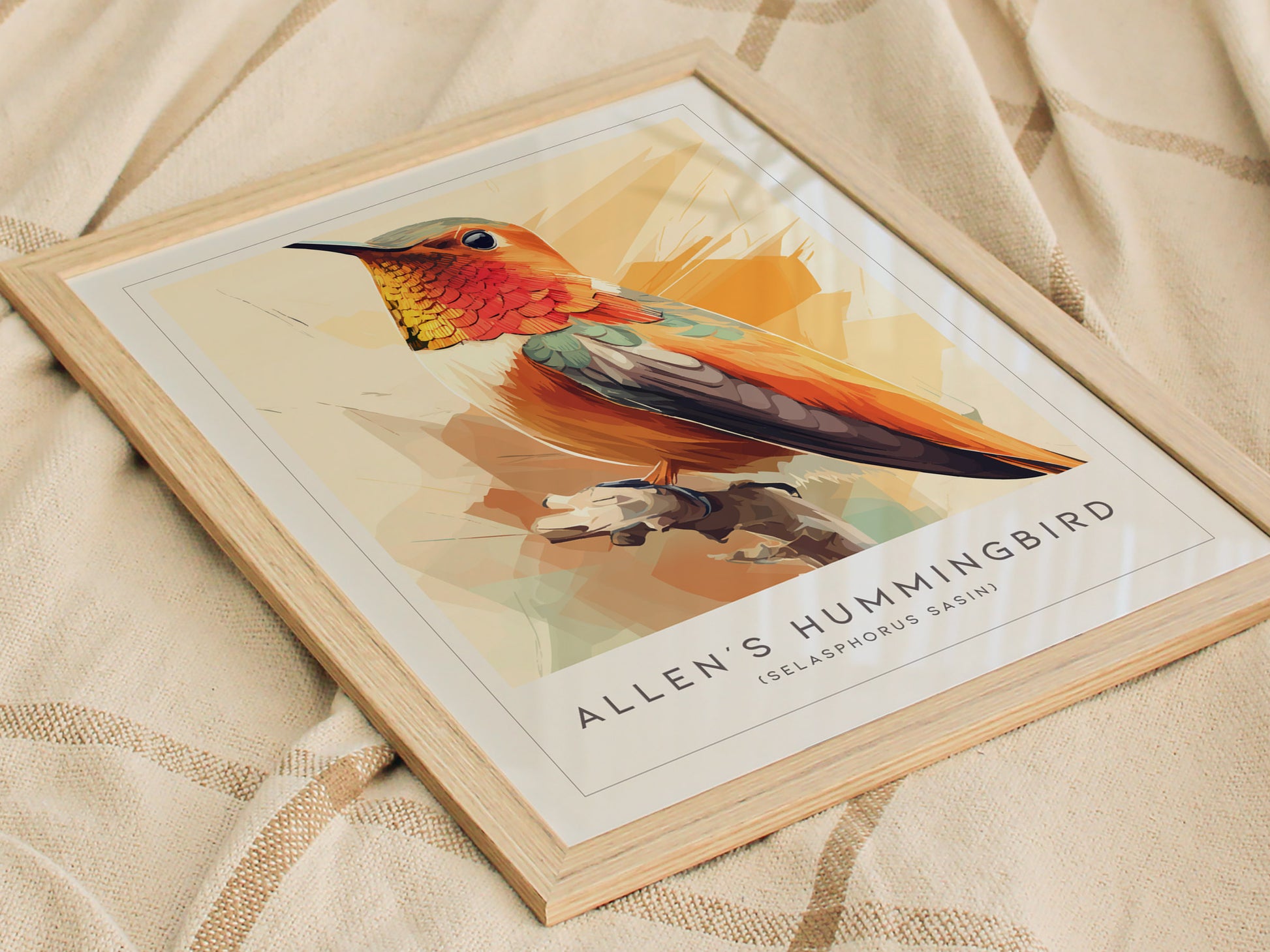 Allen's Hummingbird Poster | Jeweled Garden Pollinator Fine Wall Art — styled in a modern interior