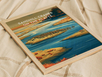 Sandhill Cranes on the Platte, Kearney, Nebraska Poster | Prairie Wildlife Travel Wall Art — styled in a modern interior