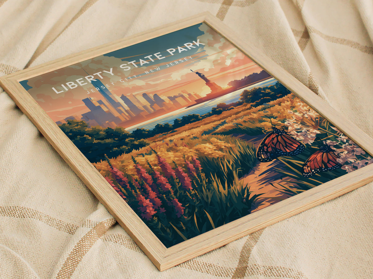 Liberty State Park, Jersey City, New Jersey Poster | Skyline & Harbor Travel Wall Art — styled in a modern interior