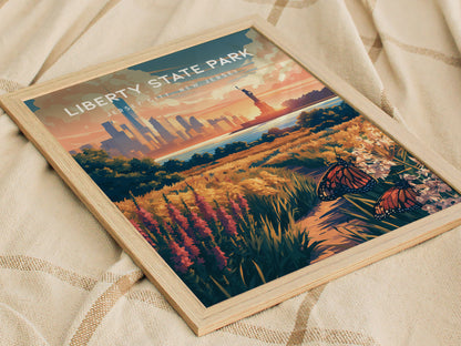 Liberty State Park, Jersey City, New Jersey Poster | Skyline & Harbor Travel Wall Art — styled in a modern interior