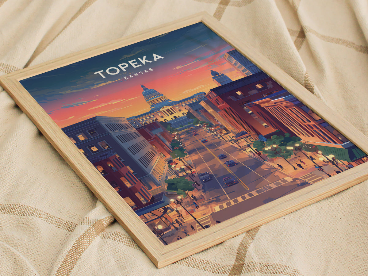 Topeka, Kansas Poster | Heartland Capitol Skyline Travel Wall Art — styled in a modern interior