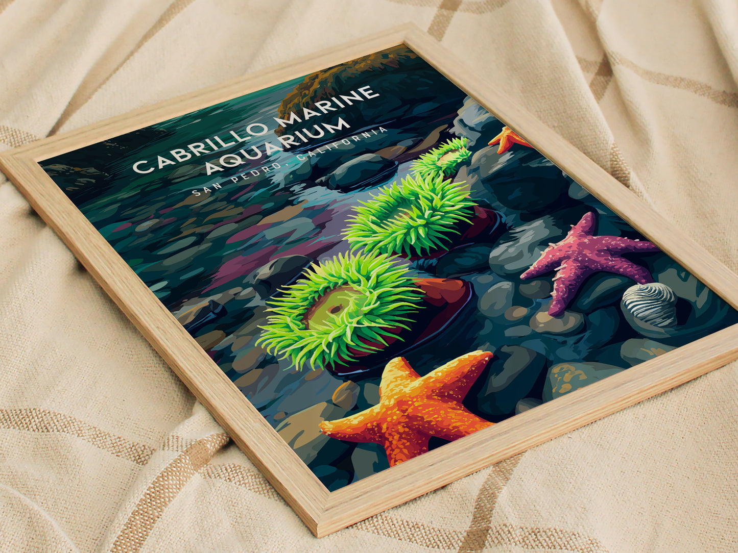 Cabrillo Marine Aquarium, California Poster | Ocean Discovery & Tide Pool Wall Art — styled in a modern interior