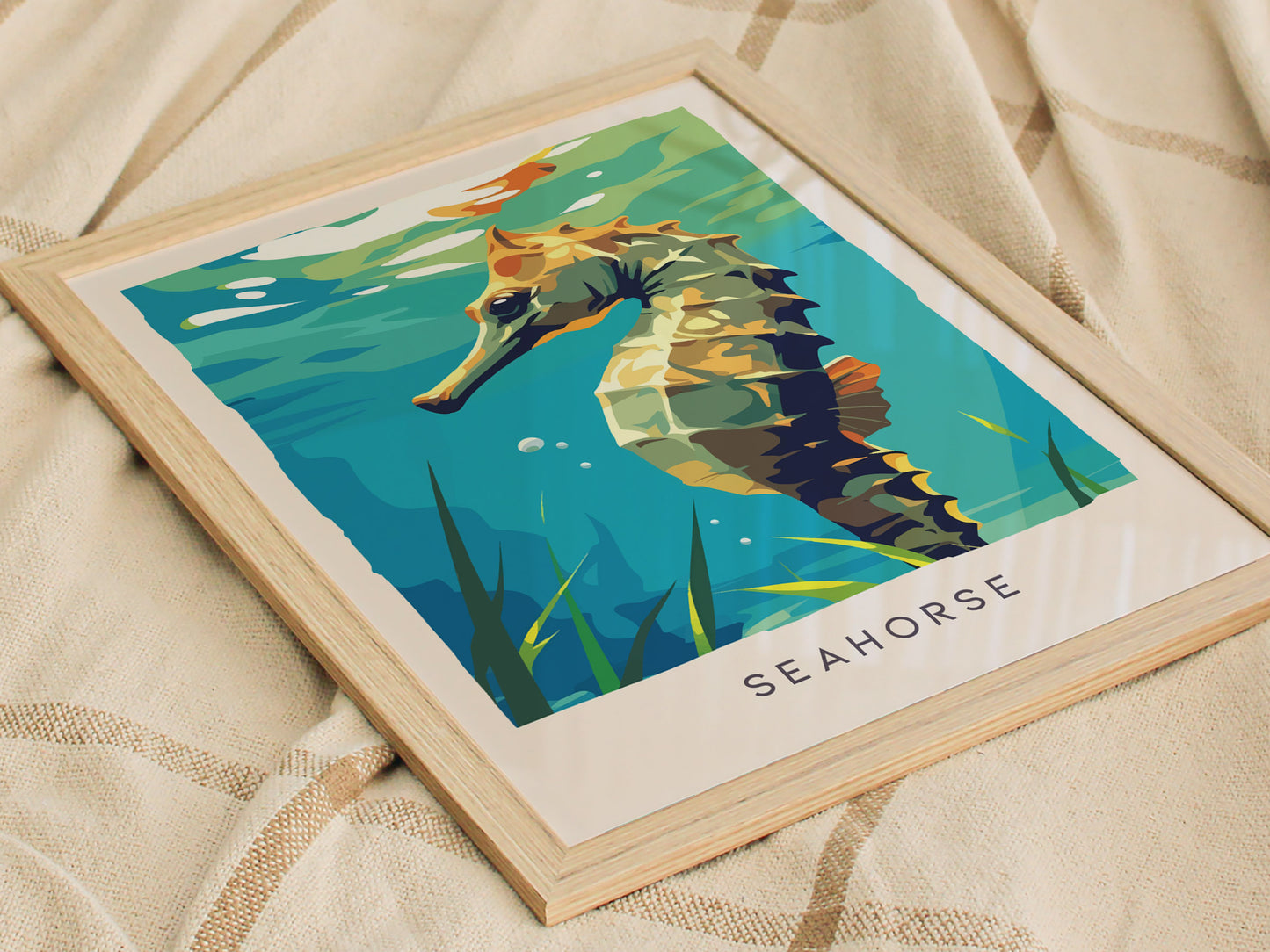 Seahorse Wildlife Poster | Graceful Ocean Dweller Fine Wall Art — styled in a modern interior